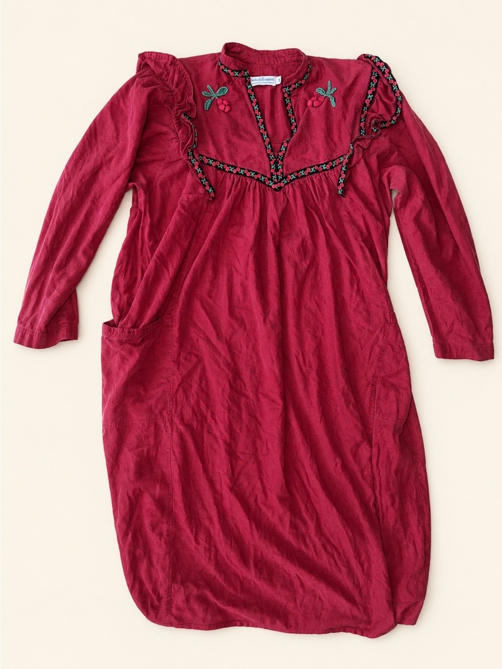 Vintage Suttles and Seawinds-Soft Red Flannel Embroidered Nightdress- w pockets!